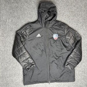 Adidas United Soccer Coaches Puffer Jacket Mens XL Black Full Zip Hooded Coat